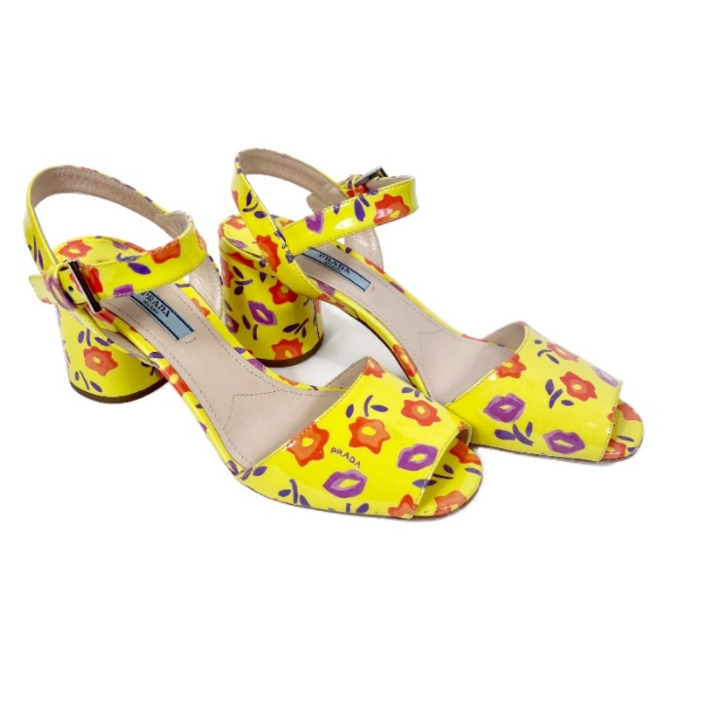 Prada Yellow Patent Leather Logo Floral Kiss Block-heel Sandals size 38.5 cute